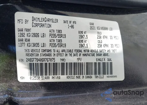 2006 Chrysler Pacifica Limited from USA, damaged, VIN 2A8GF78406R767075